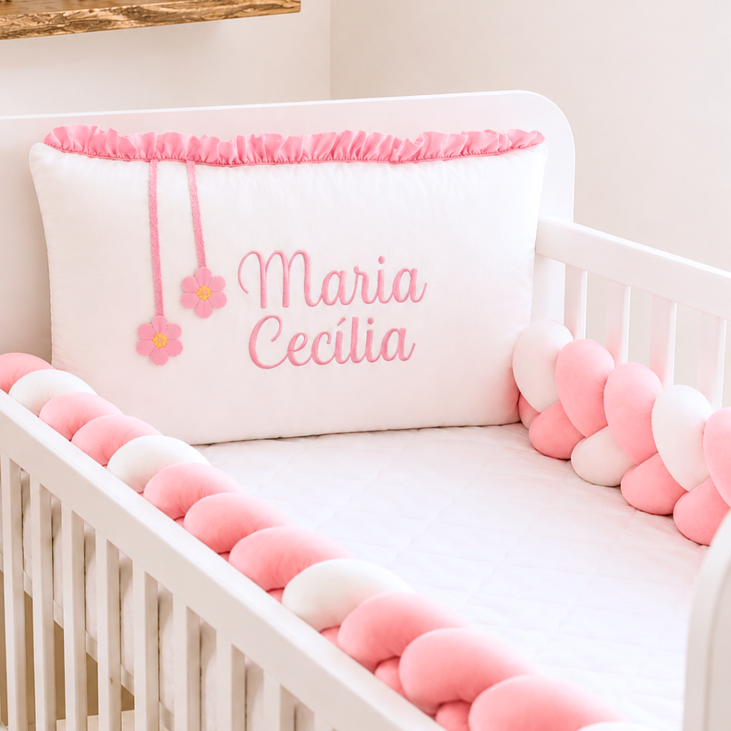 Kit Berço Personalizado Rosa Completo Protetor 3 Peças Padrão Americano Nacional Menina Rosa