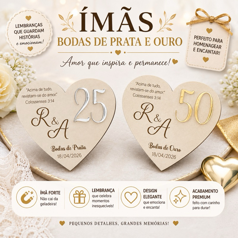 LEMBRANÇA BODAS DE PRATA E BODAS DE OURO IMÃ DE GELADEIRA PERSONALIZADO COM A INICIAIS DO CASAL VERSÍCULO E DATA