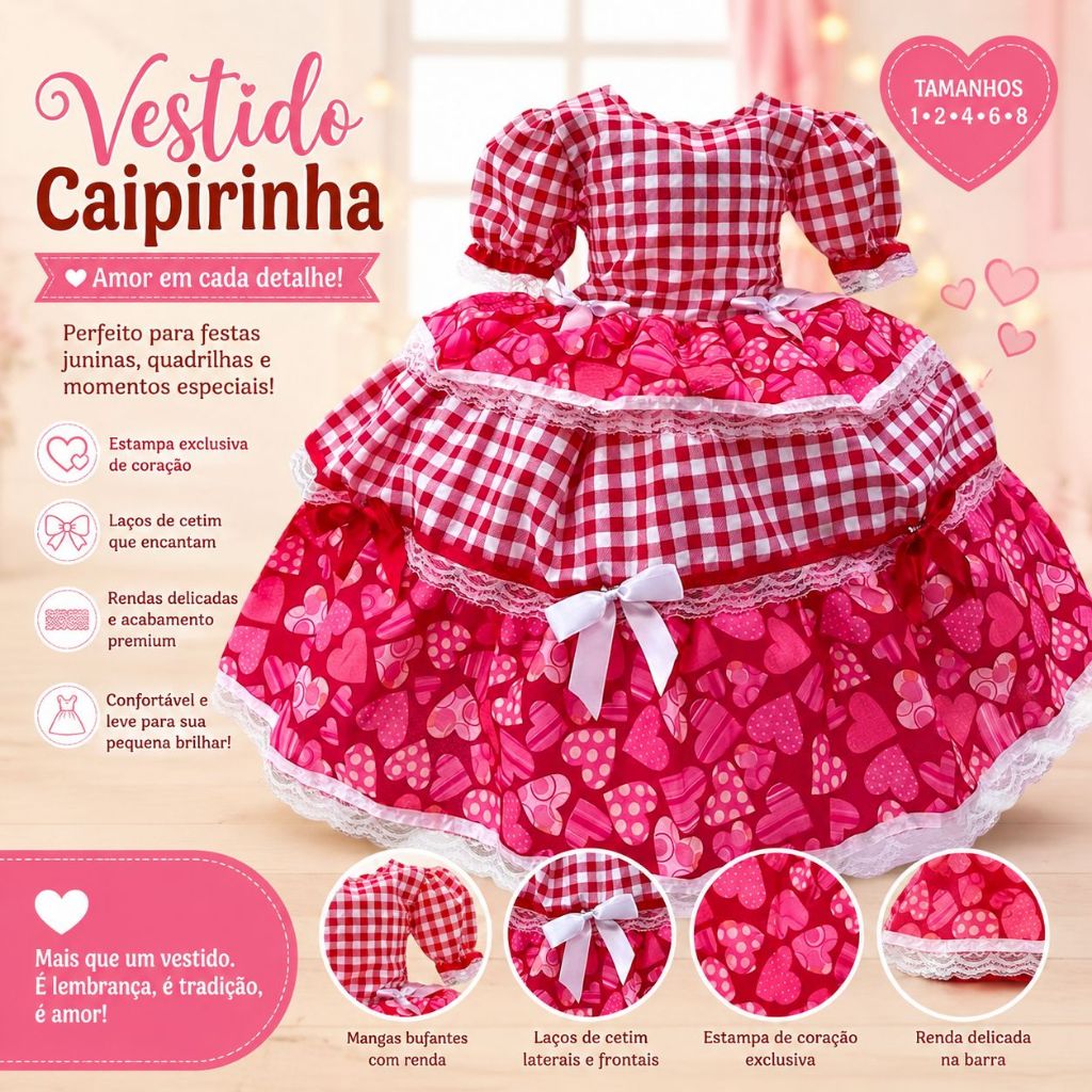 Vestido Conforto Junino Mimadine Luxo Vermelho Xadrez Infantil Menina Babadinhos Corações Manga Curta Festa Arraial