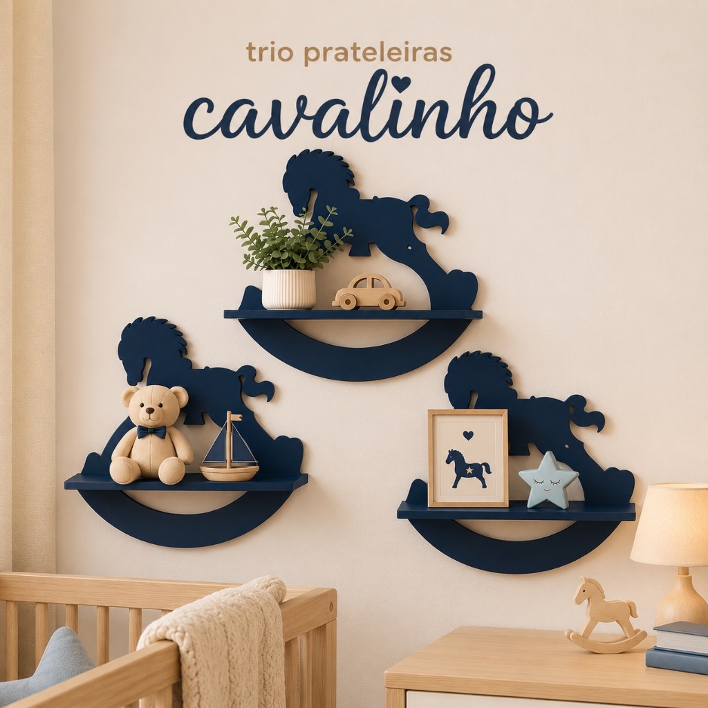 Kit 3 Prateleiras Cavalinho MDF Decoração Quarto Infantil Bebê Nicho Parede Quarto Menino Menina