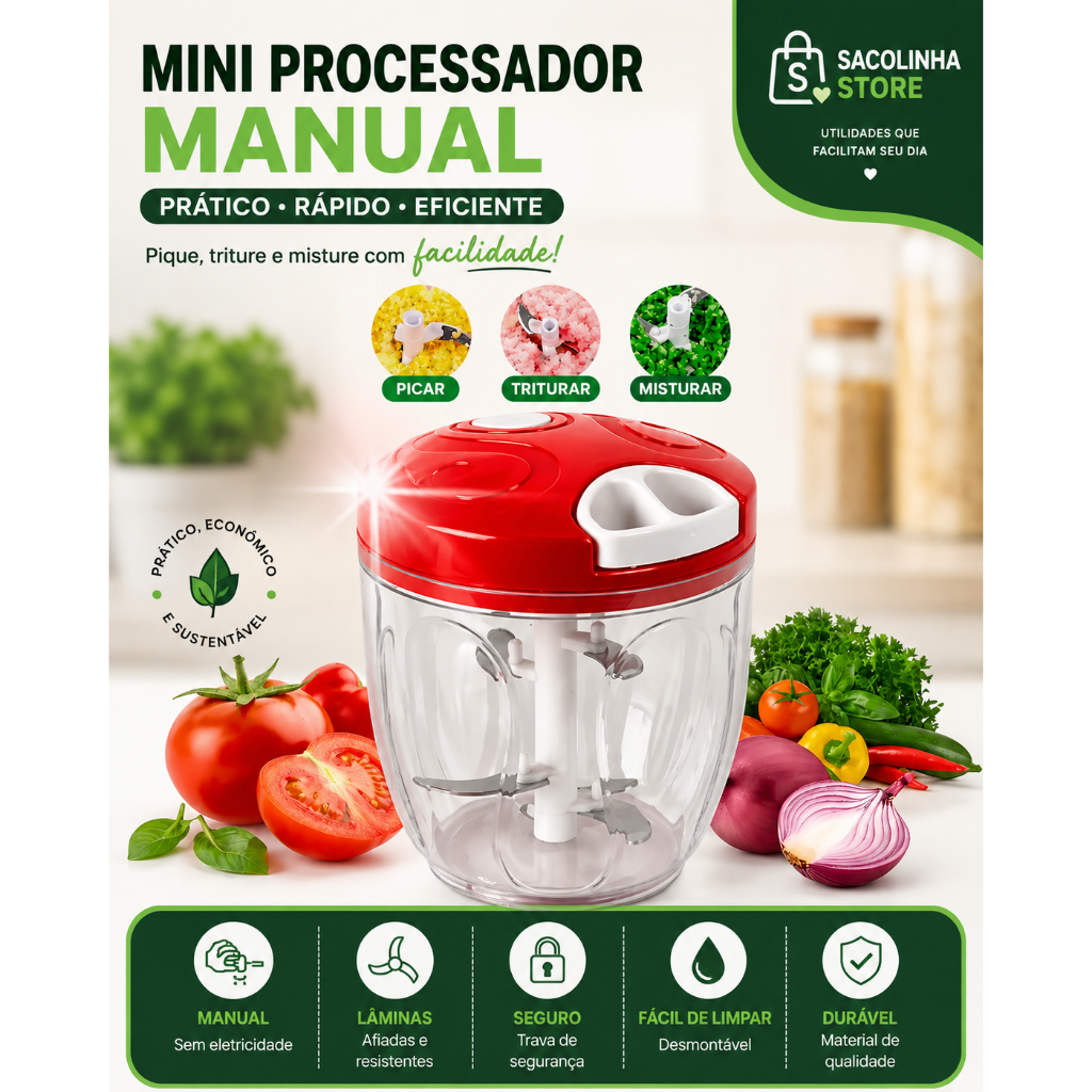Mini Processador Manual 5 Lâminas Triturador De Alimentos Alho Cebola Legumes Temperos Cozinha