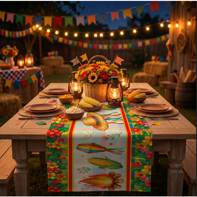 Trilho Caminho Mesa Festa Junina Jogo de Mesa Arraia Em Tecido