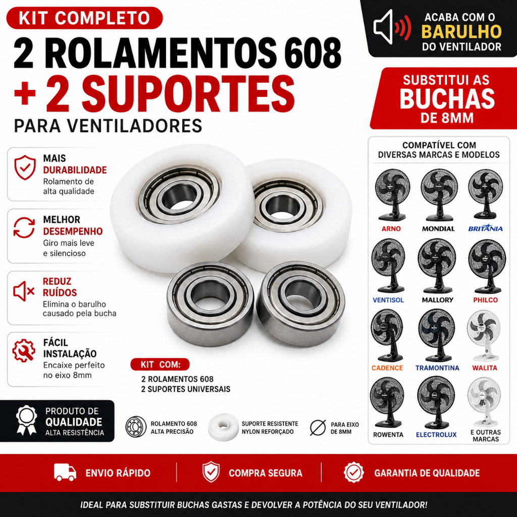 2 SUPORTE + 2 ROLAMENTOS 608 P/VENTILADOR ARNO - MONDIAL - CADENCE - MALLORY SUBISTITUA AS BUCHAS DE 8MM.
