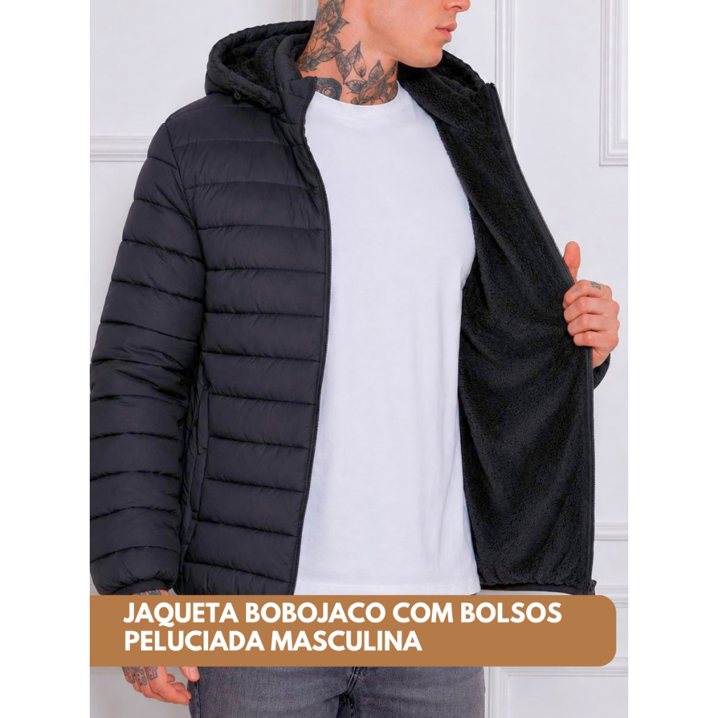 Jaqueta Bobojaco Peluciada Masculina Forro Pelinhos Puffer Gominho Corta Vento Impermeável Quente com Bolso Inverno Frio