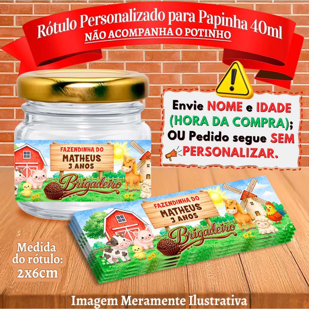 Rótulos adesivos Animais da Fazendinha Brigadeiro Personalizados para papinha 40ml 40g