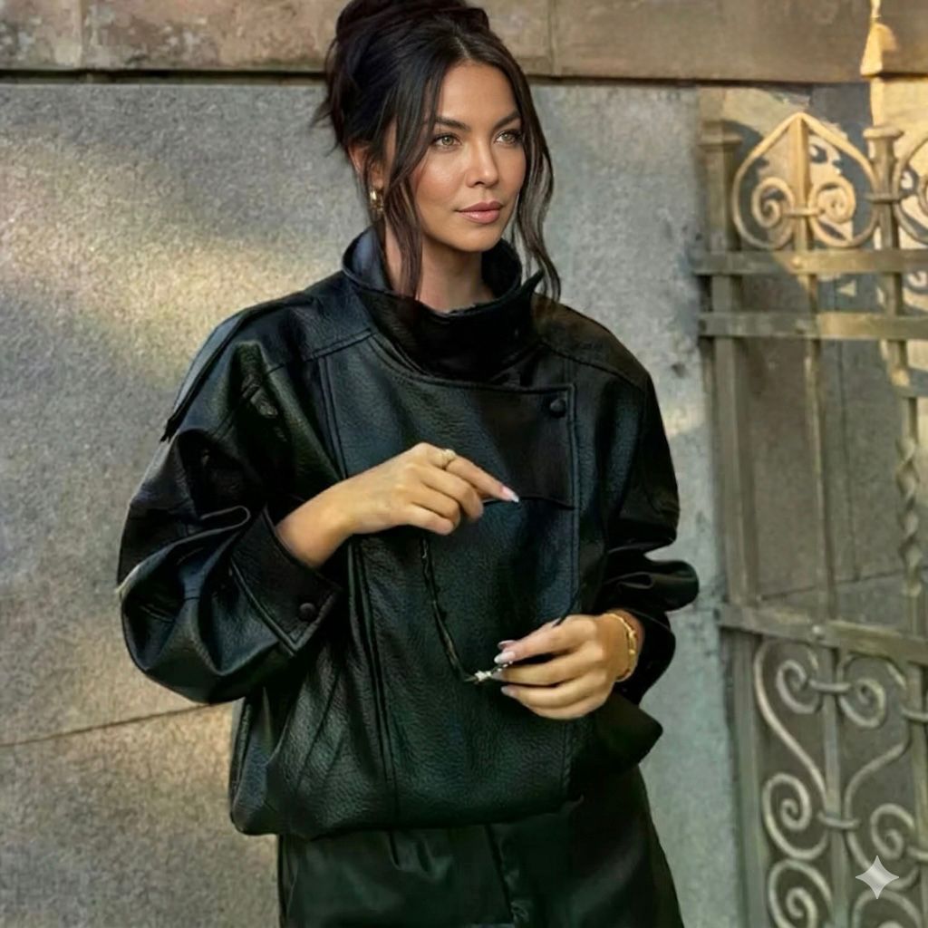 Jaqueta Couro Viral FAUX JACKET Texturizada Biker GOLA ALTA Oversized