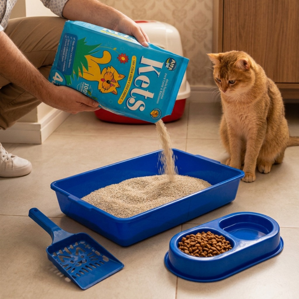 Kit Caixa de Areia Para Gatos + Areia Cia do Pet 4Kg + Comedouro + Bebedouro + Pazinha