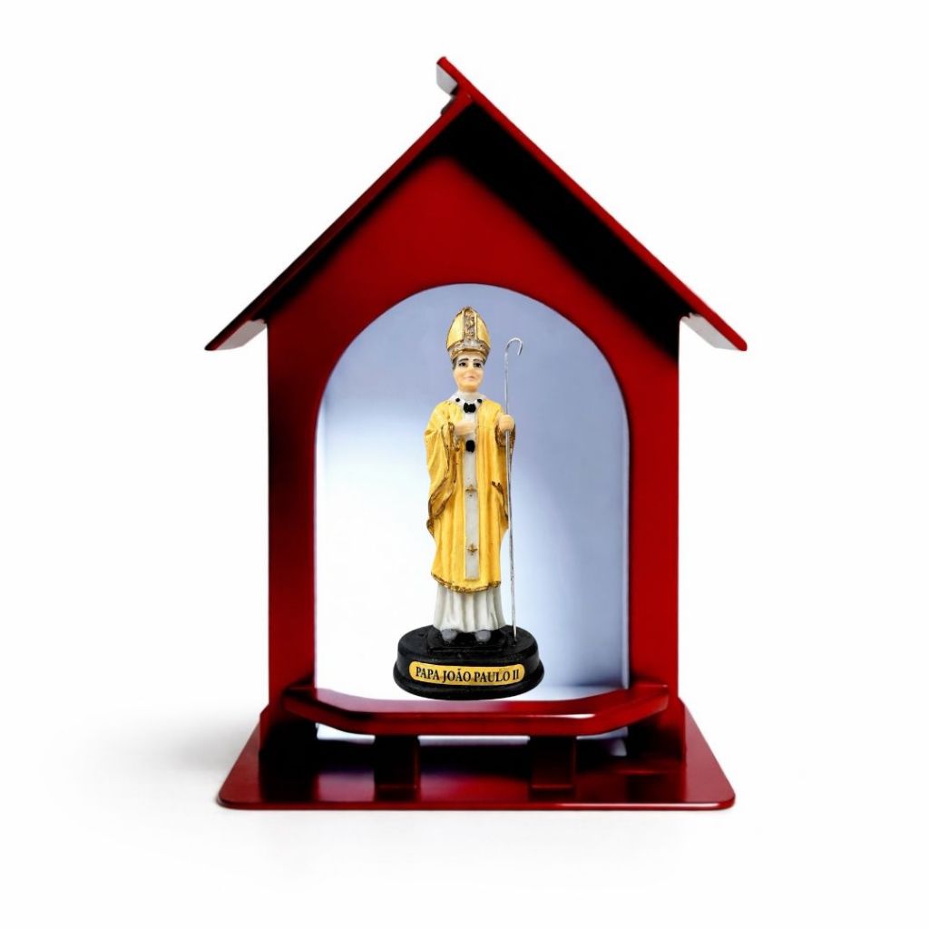 Imagem Papa João Paulo II Resina 15cm com Capela Oratorio Madeira Vidro