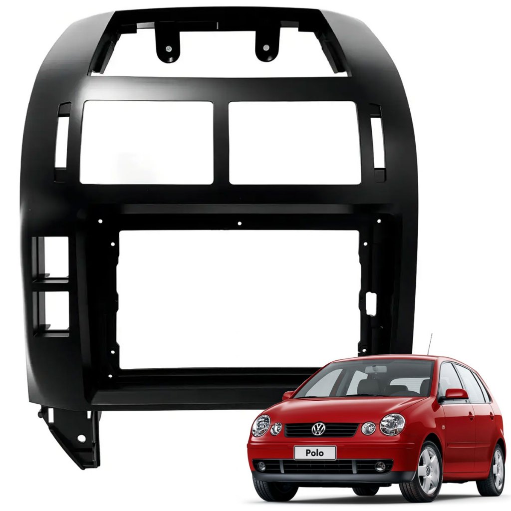 Moldura Painel 9 Polegadas VW Polo Hatch Sedan 2003 a 2011 2 Din Multimídia Android Mp5 Preto Premium