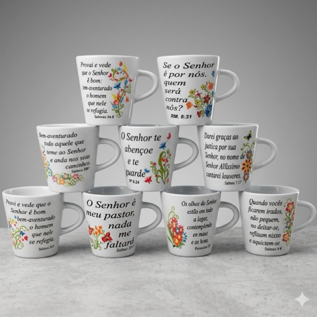 Kit Caneca Salmo Bíblia 120ml Porcelana Xicara Chá Café Presente Evangélico Frases Bíblicas Fé