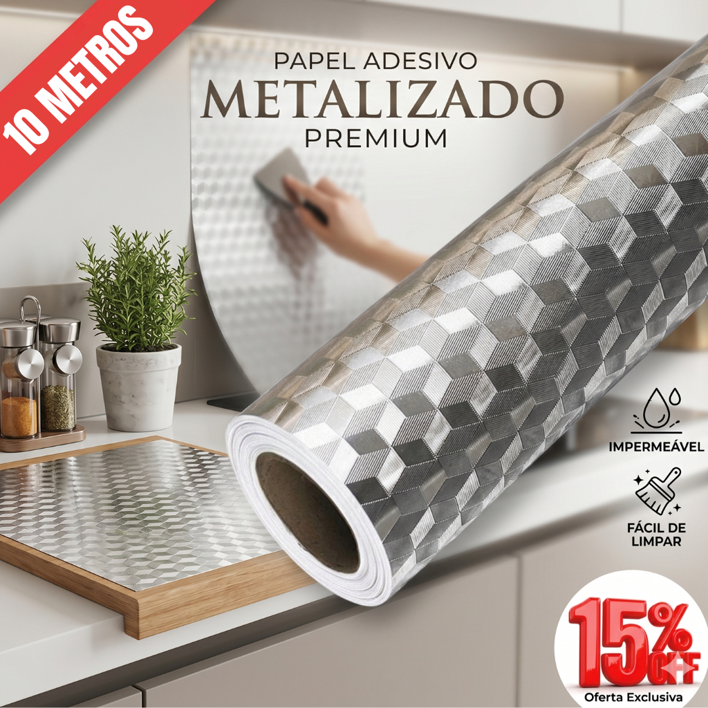 Papel Adesivo Metalizado 5m 10m Fácil de Aplicar Impermeável Lavável Resistente Calor Cozinha Sala