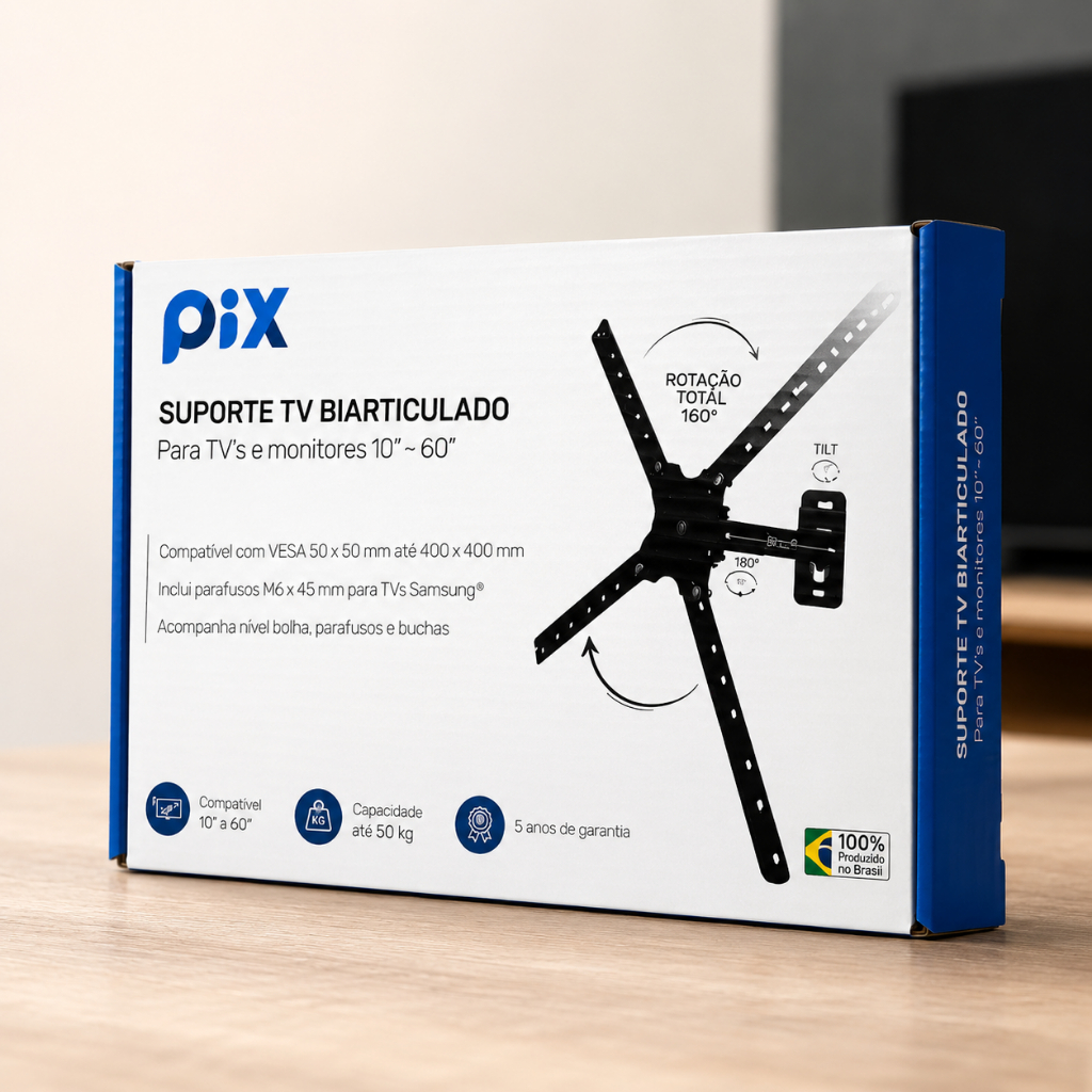 Suporte Articulado Para TV 10 a 60 Polegadas Pix Universal Até 30kg Com Giro e Inclinação Universal