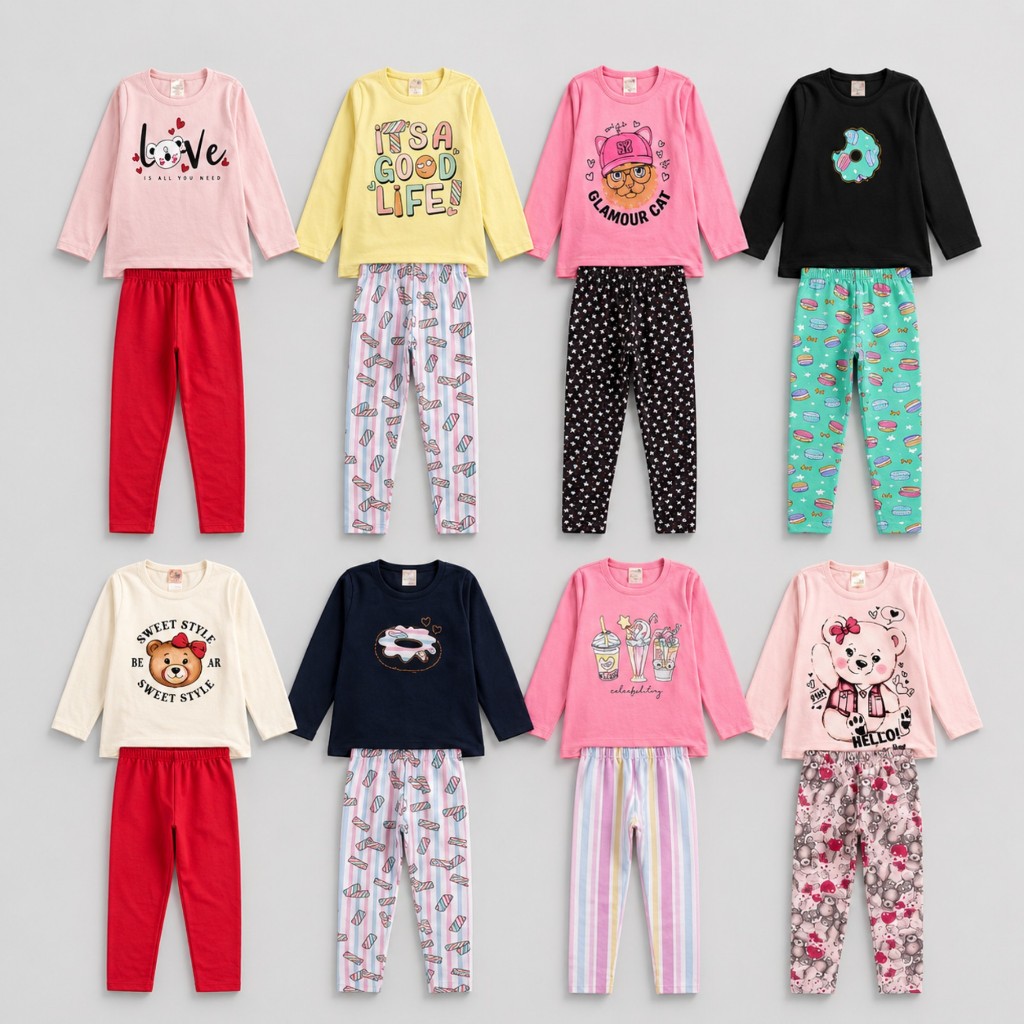 Kit 8 Peças Conjuntos Meia Estação Menina Blusa Manga Longa + Legging Infantil 1 ao 16 Anos
