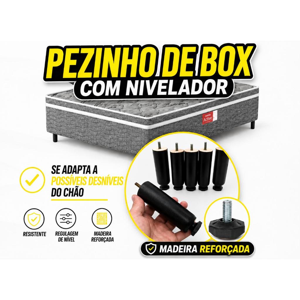 Pés para Cama Box com nivelador, 7 Unid Pezinho Madeira Maciça Com 12cm Casal ou Solteiro  Cor Preto