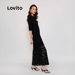 Lovito Vestido Feminino Longo de Malha e Renda DRB19011931