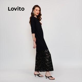 Lovito Vestido Feminino Longo de Malha e Renda DRB19011931