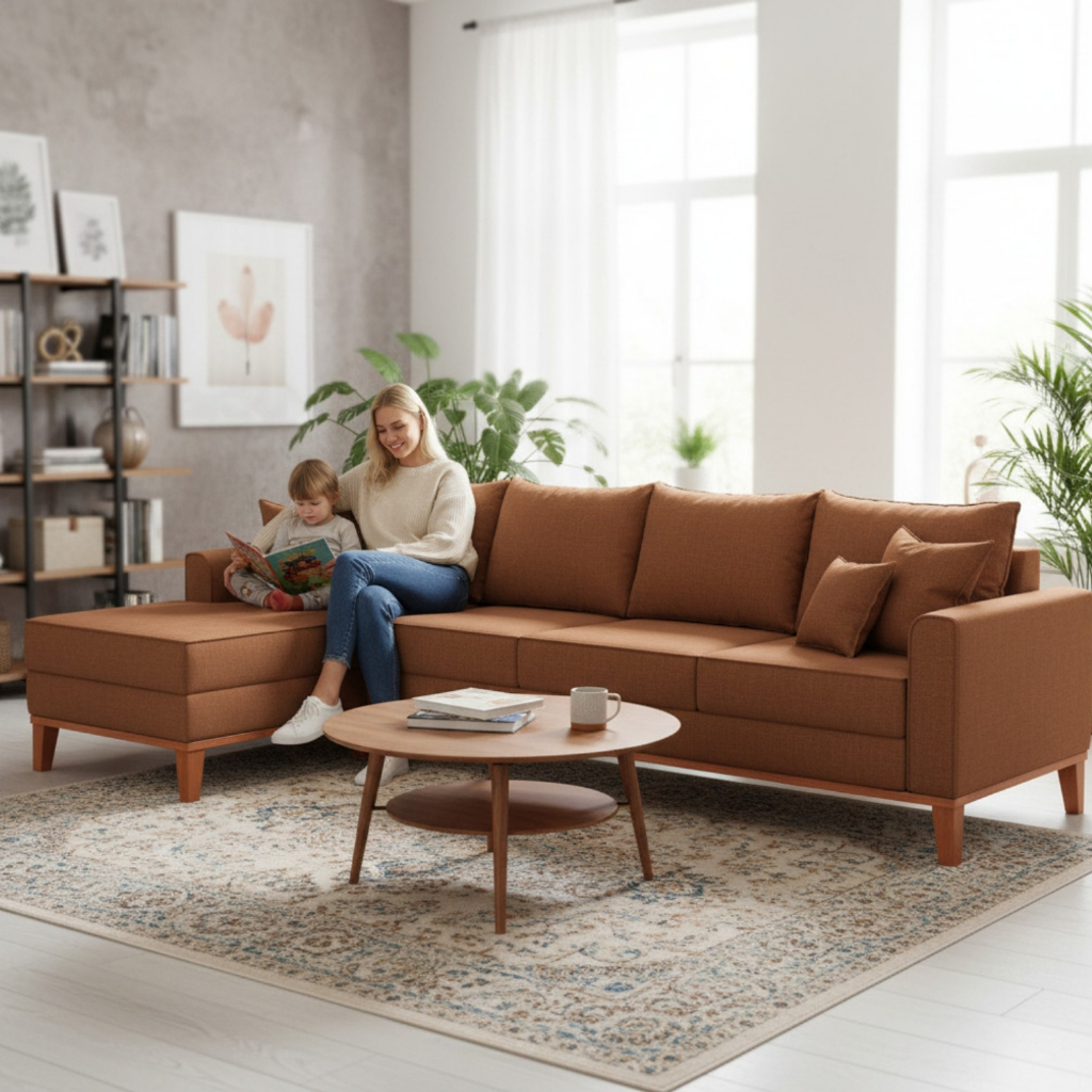 Sofá 4 Lugares Beny com Chaise Esquerdo Corino Terracota