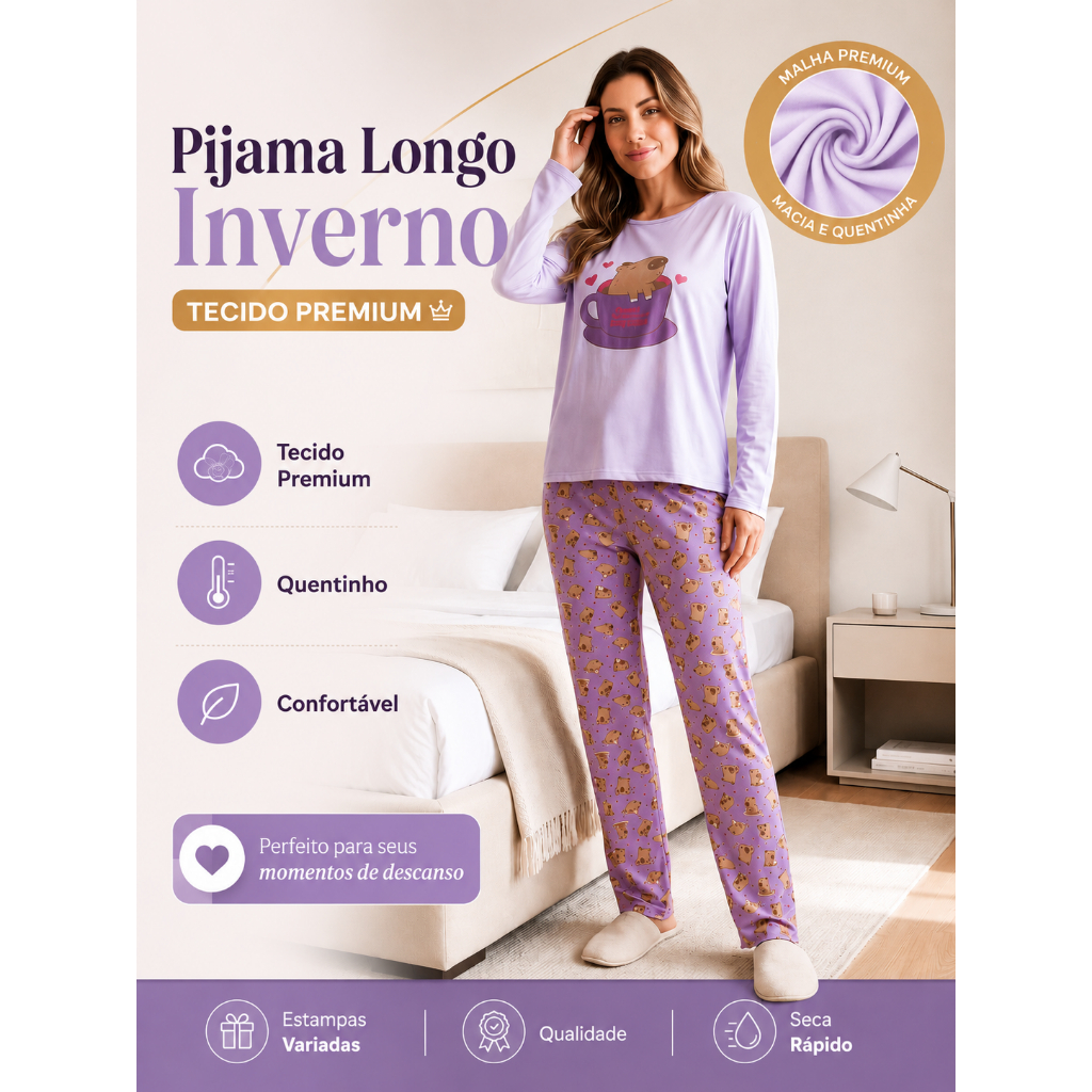 Pijama Feminino Adulto Longo Estampado Inverno Quentinho Confortável Suede Premium