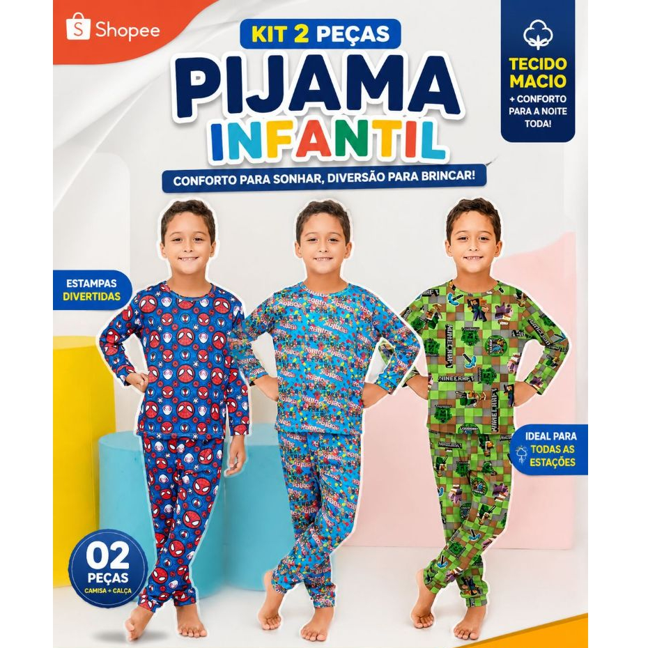 kit 2 Conjunto Pijama Infantil Masculino Inverno Manga Longa Estampados Confortáveis