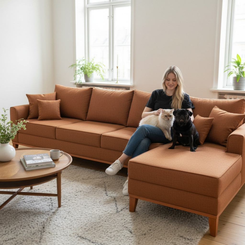 Sofá 4 Lugares Beny com Chaise Direito Linho Terracota