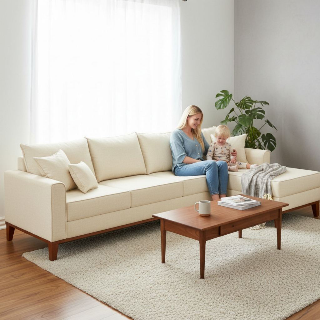 Sofá 4 Lugares Beny com Chaise Direito Corino Bege