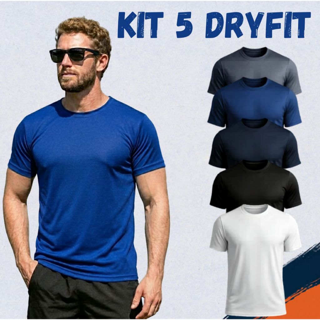 Kit 5 Camisetas Masculina Dry Fit Premium para Academia Básica Confortável Manga Curta Malha Fria