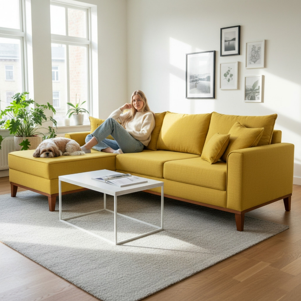 Sofá 3 Lugares Beny com Chaise Esquerdo Suede Amarelo