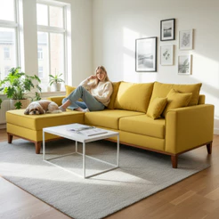 Sofá 3 Lugares Beny com Chaise Esquerdo Suede Amarelo