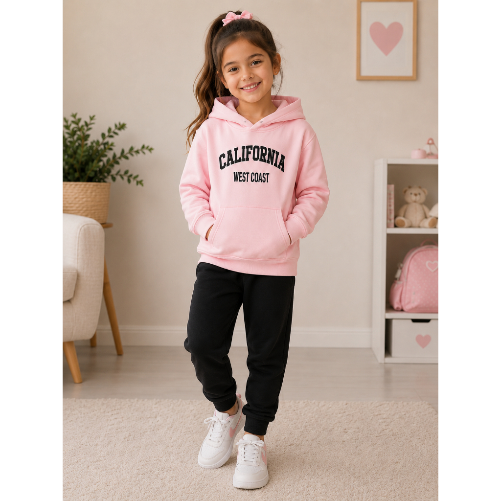 Conjunto Infantil Moletom Com Capuz Menina Inverno Peluciado Calça Moletom Look Completo 2 Peças