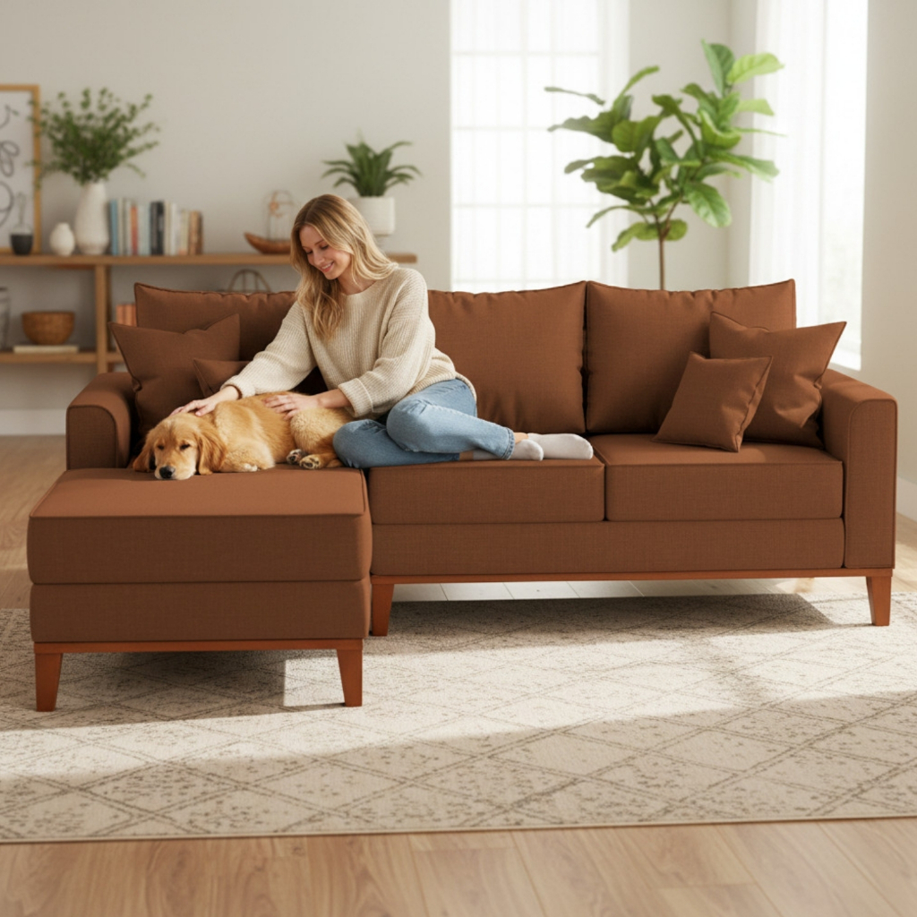 Sofá 3 Lugares Beny com Chaise Esquerdo Corino Terracota
