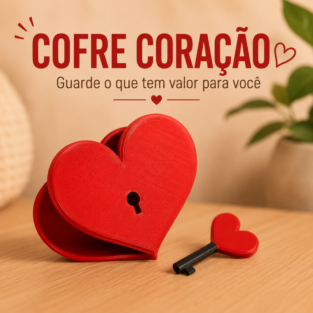 Cofre Coração com Chave 3D Decorativo | Porta Objetos Criativo + Brinde
