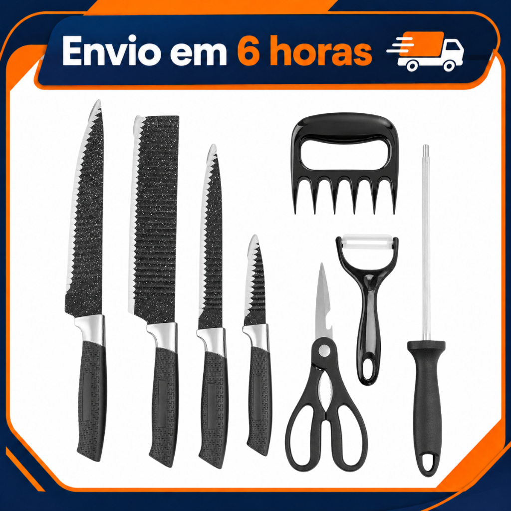 Kit 8 Peças Faca Inox Churrasco Cozinha Profissional Premium