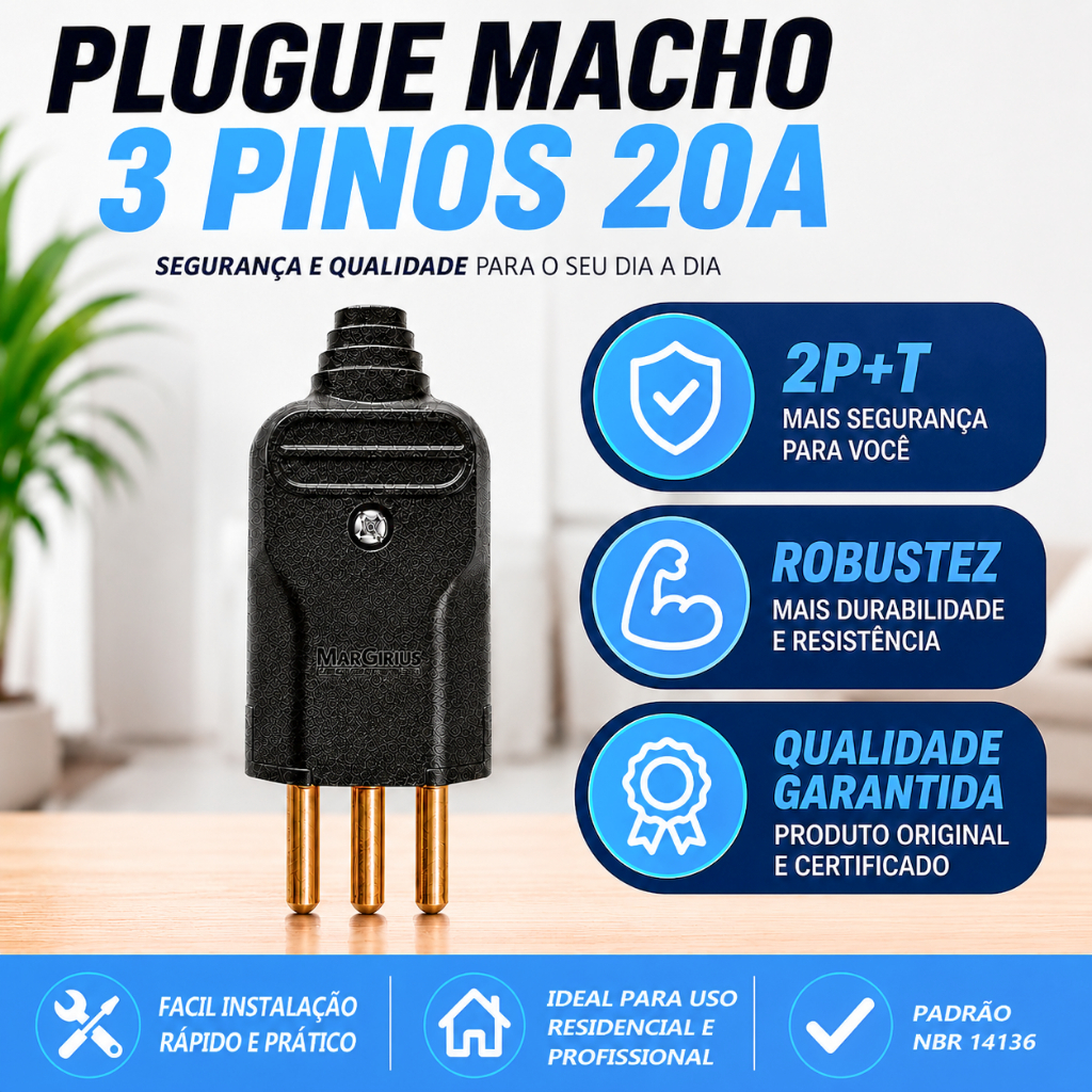 Pino Plugue Macho 2P+T 20A Para Extensão Elétrica Com Prensa Cabo Margirius