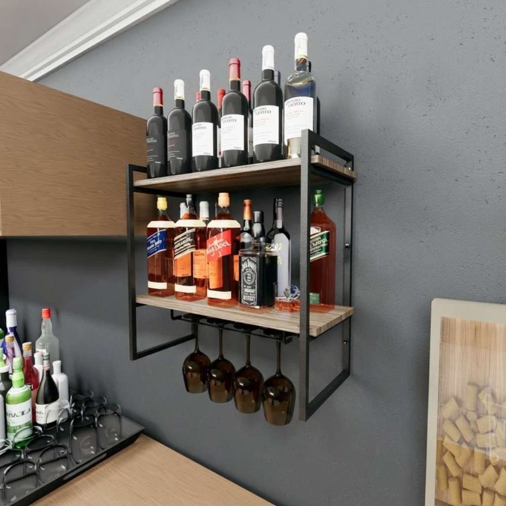 Prateleira Adega Bar Vinho Nicho Industrial Aço Metalon Parede Suspensa Porta Taça