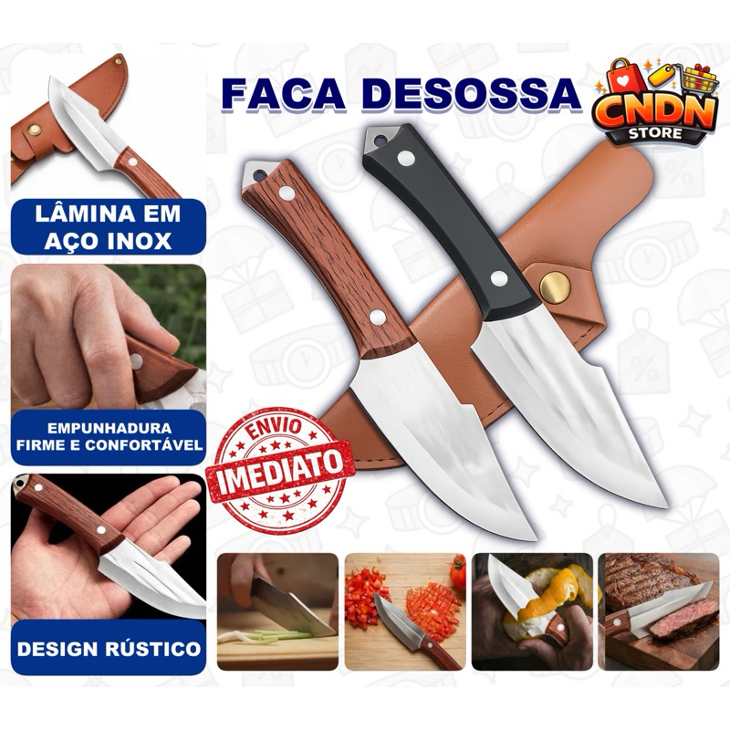 Faca Rústica Afiada Desossa Churrasco Carne Camping Pesca Faca Inox Cabo Madeira Bainha Couro Cheff