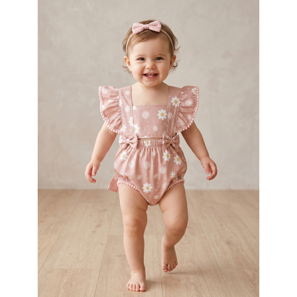 Romper Bebê Floral Rosa Margarida com Laços | Macaquinho Infantil Feminino Delicado para Bebês