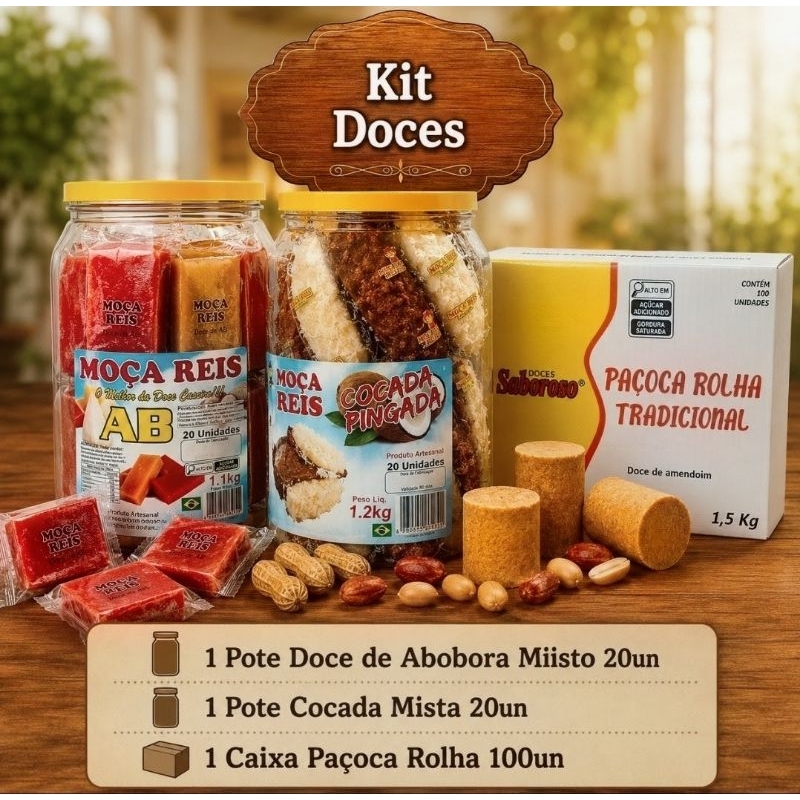 Kit Doces -1 Pote Doce De Abóbora Mista 20Un/ 1 Pote Cocada Mista 20Un/ 1 Caixa Paçoca Rolha 100Un.