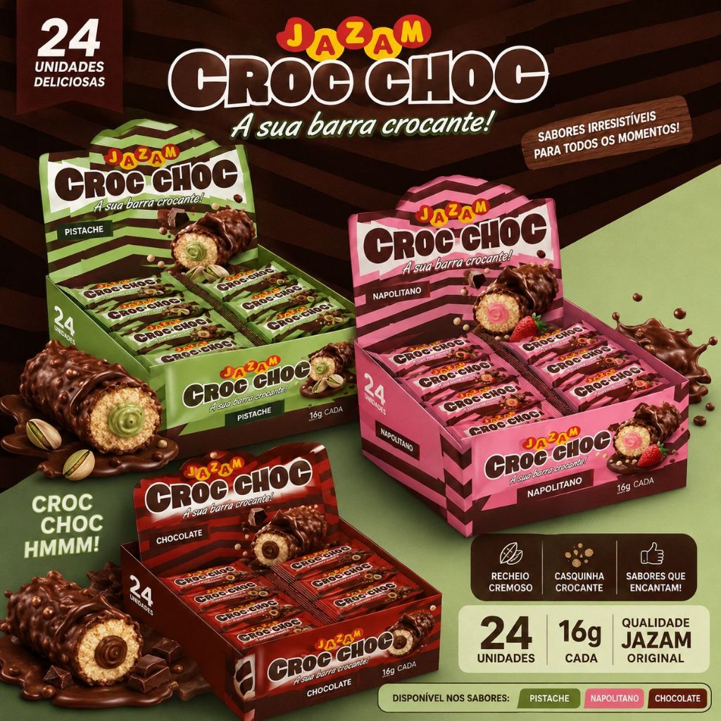 Caixa com 24 unidades de 16g - Chocolate Croc-Choc Pistache, Napolitano ou Chocolate | Jazam Original