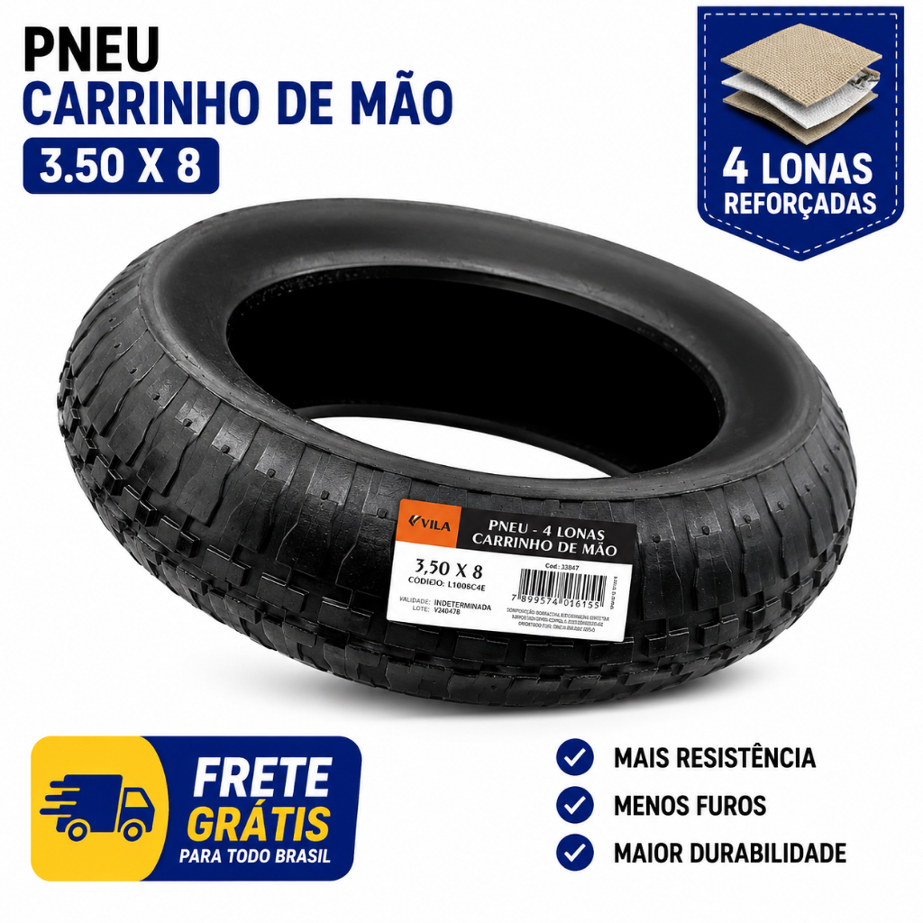 Pneu Para Carrinho De Mão 3.50x8 4 Lona Vila Reforçado Borracha Resistente Obra Jardim Sítio Fazenda