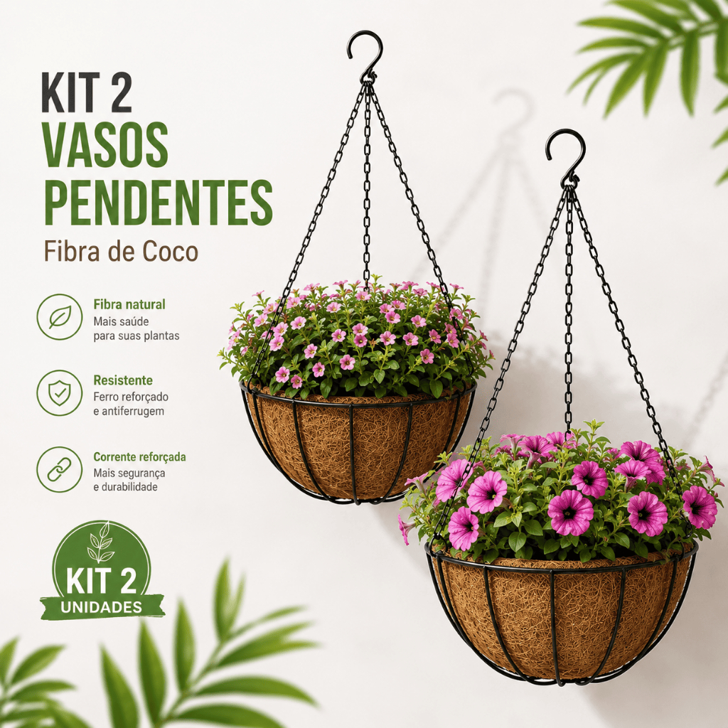 Kit 2 Vaso Pendente Fibra de Coco Suspenso com Correntes e Suporte Metálico para Plantas e Flores Decoração Jardim