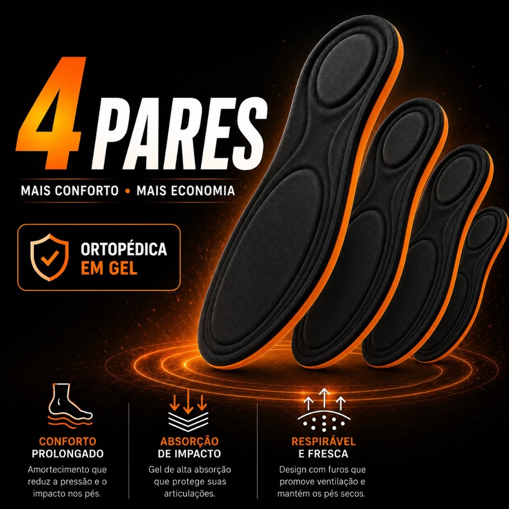 Kit 4 Pares Palmilha em Gel Ortopédica Anatômica Anti Impacto Conforto Macia Absorção de Choque
