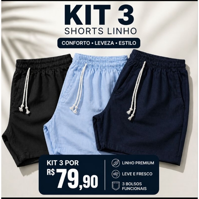 Kit 3 Shorts Linho Mauricinho Masculino com 3 Bolsos Casual.