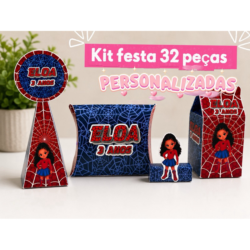 Kit Festa Homem-Aranha 30 Itens Personalizados | Caixa Milk, Pirâmide e Porta Bis | Lembrancinha Aniversário"