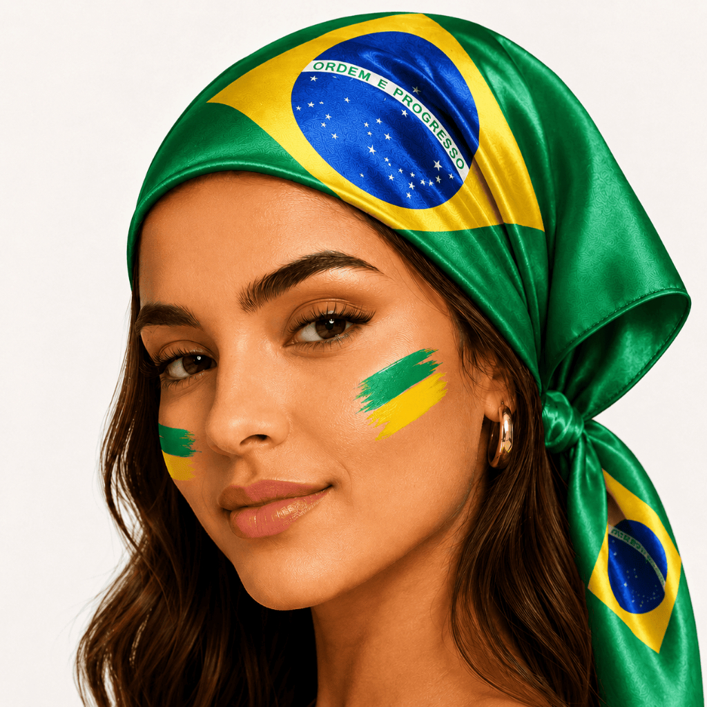 Lenço Bandana cachecol e cintura Bandeira do Brasil Cetim  com elastano 50x50cm Multifuncional | Copa | Brilho Premium