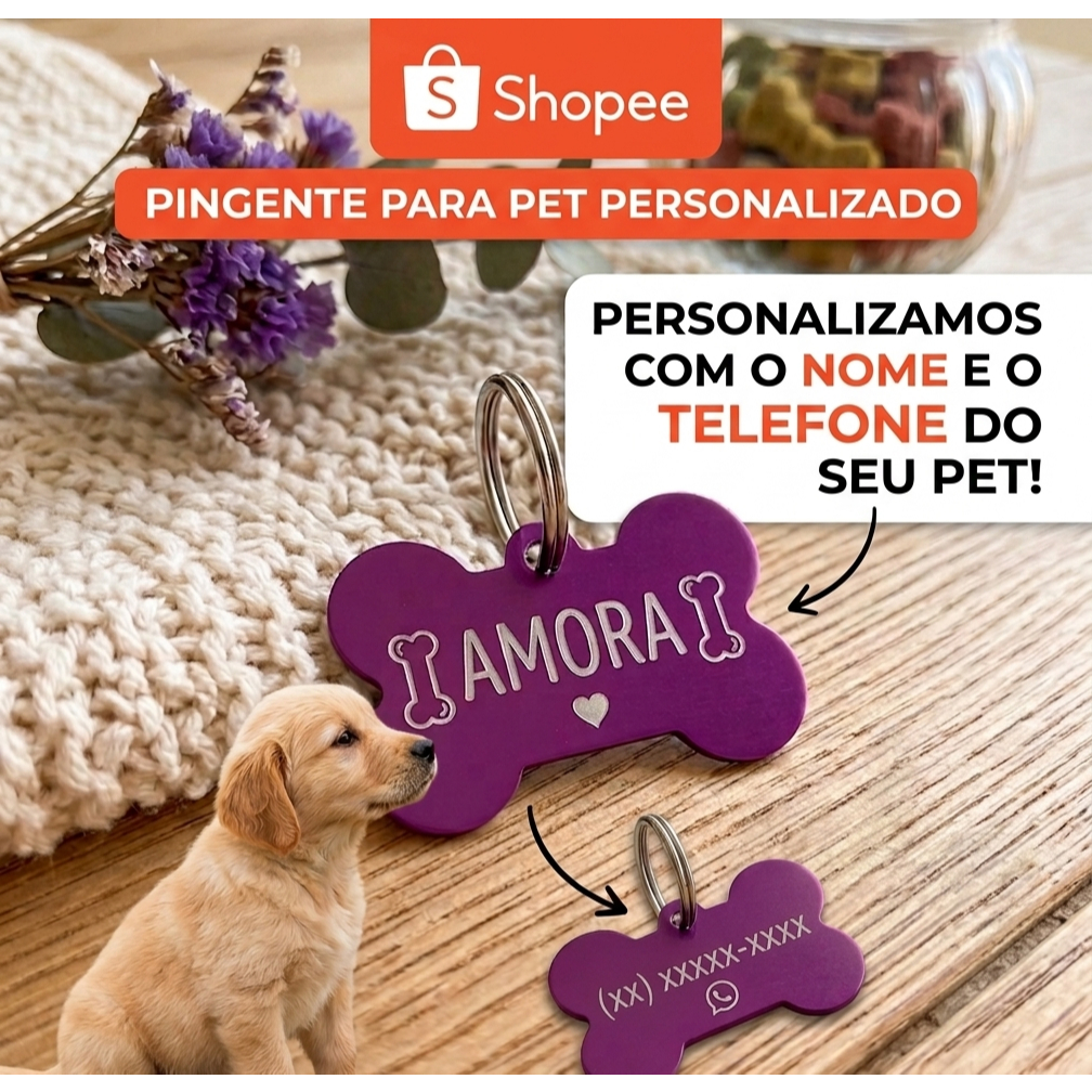 Placa de Identificação Pet Plaquinha Pingente personalizado Cachorro Cão Gato - Cor Roxa 3,7 x 2,5cm