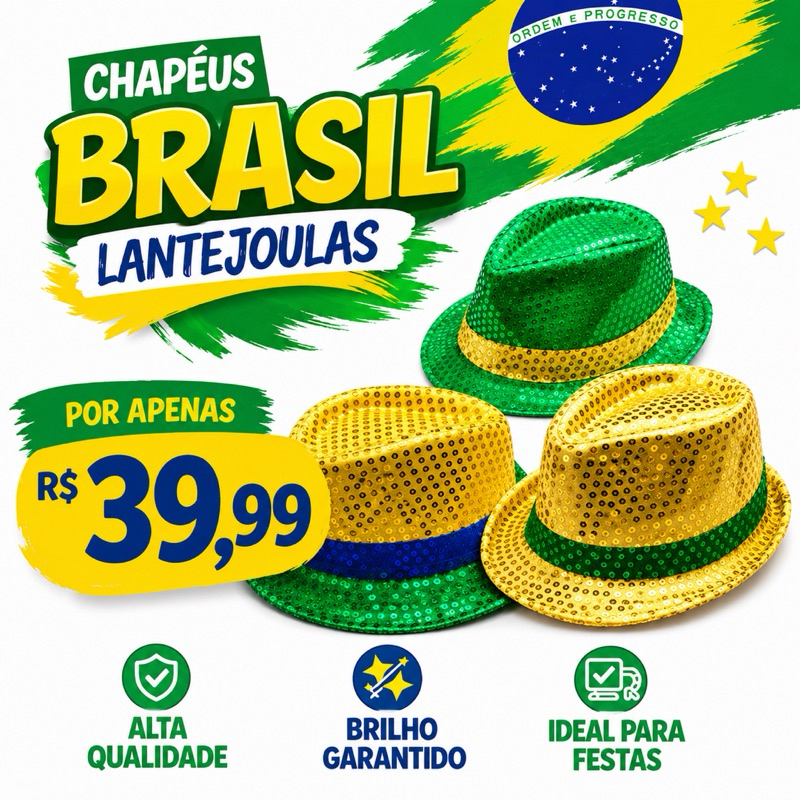 Chapéu Brasil para copa e comemorações com lantejoulas brilhantes