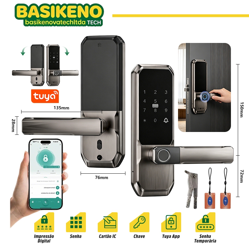 BASIKENO Fechadura Digital Inteligente Residencial 7 em 1 Impressão Biométrica Anti-Falsificação Tuya App Remoto Senha