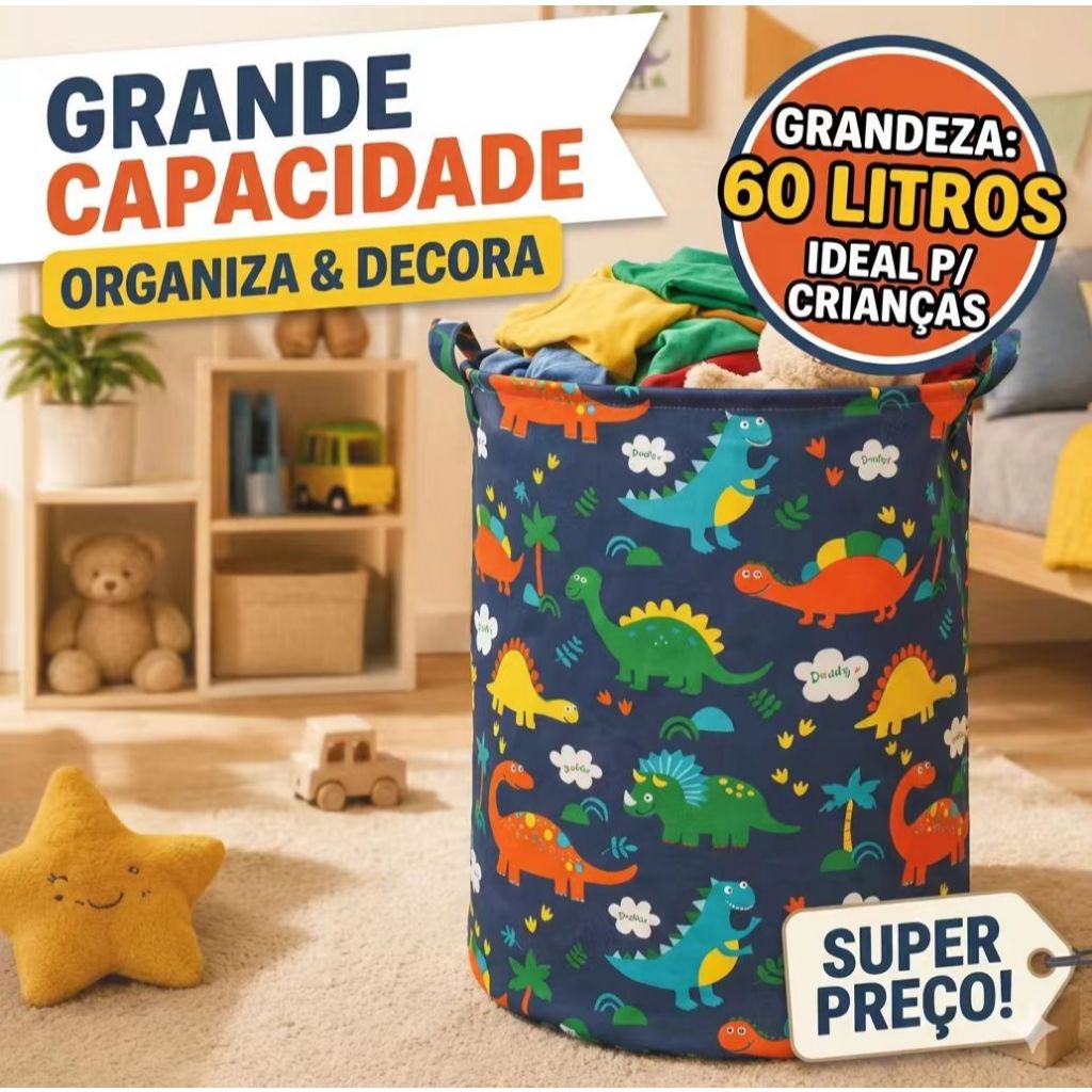Cesto dobravel impermeavel com alcas para organizar brinquedos em quarto pequeno
