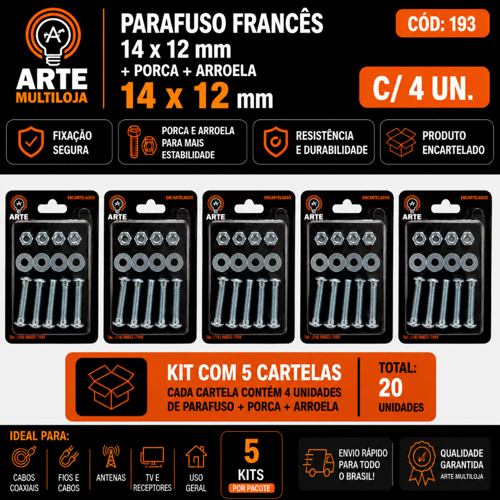 Kit de Conjunto Parafuso + Porca +Arruela - Encartelado -Vários Tipos e  Medidas -Arte Multiloja