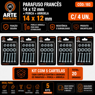 Kit de Conjunto Parafuso + Porca +Arruela - Encartelado -Vários Tipos e  Medidas -Arte Multiloja